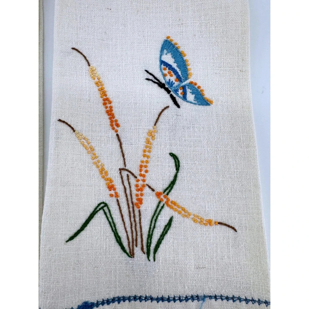 Hand Embroidered 3 Linen Tea Towels Cream Flamingo Butterfly Floral Needlepoint